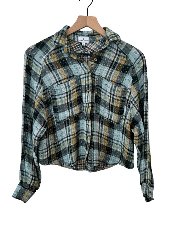 True Craft Tops - True Craft Cropped Teal, Mustard and Black Plaid Button Shirt - Size Small